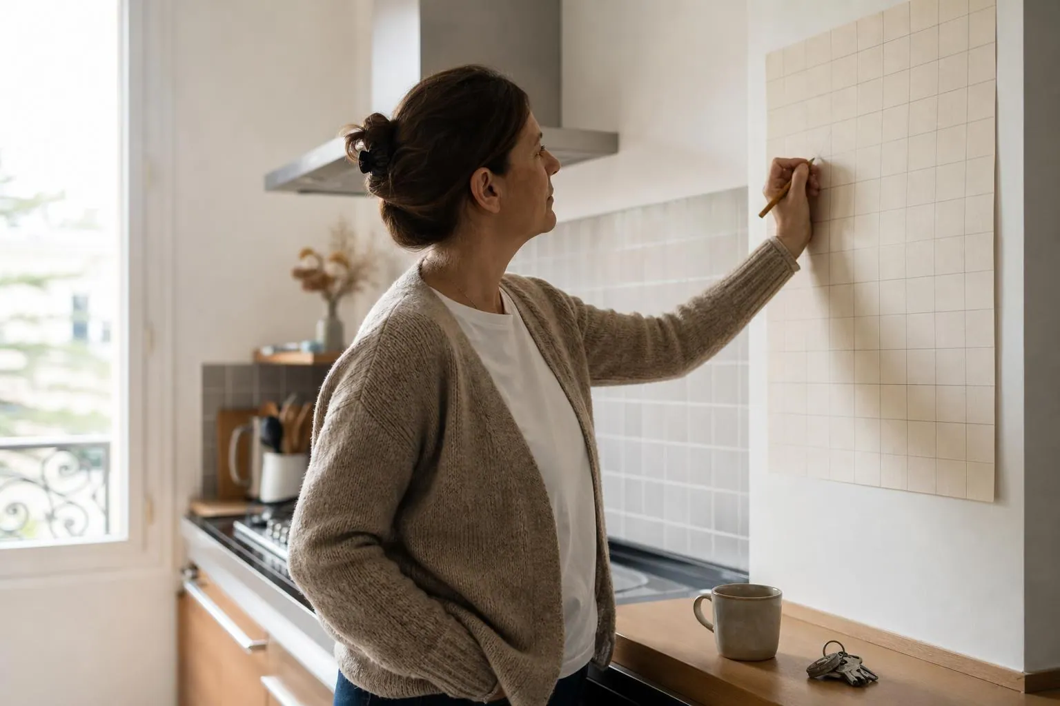 Femme de quarante neuf ans debout devant un planning mural en papier accroché dans une cuisine claire, marquant une case au crayon