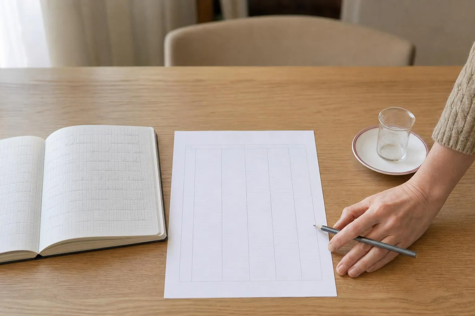 Table claire présentant côte à côte un carnet quadrillé, une grille imprimée vierge et une coupe menstruelle graduée posée sur une soucoupe