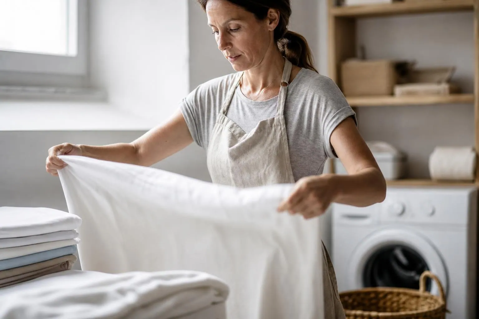 Femme de quarante cinq ans pliant des draps dans une buanderie claire, une pile de linge blanc et un panier en osier à côté d’elle