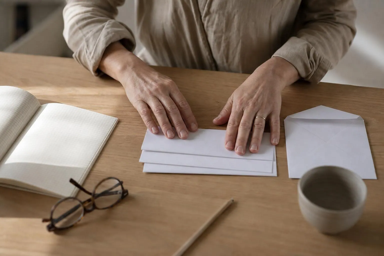 Mains d’une femme de quarante cinq ans triant sur une table claire des comptes rendus pliés, des enveloppes de laboratoire et un carnet de cycle