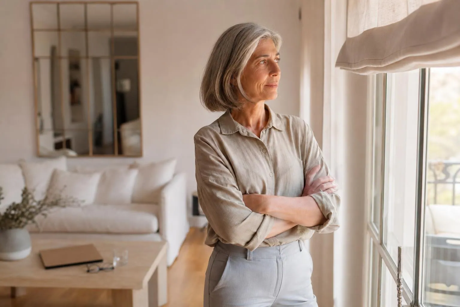 Femme de cinquante cinq ans debout près de la fenêtre de son salon, bras croisés, une pochette de documents fermée posée sur la table derrière elle