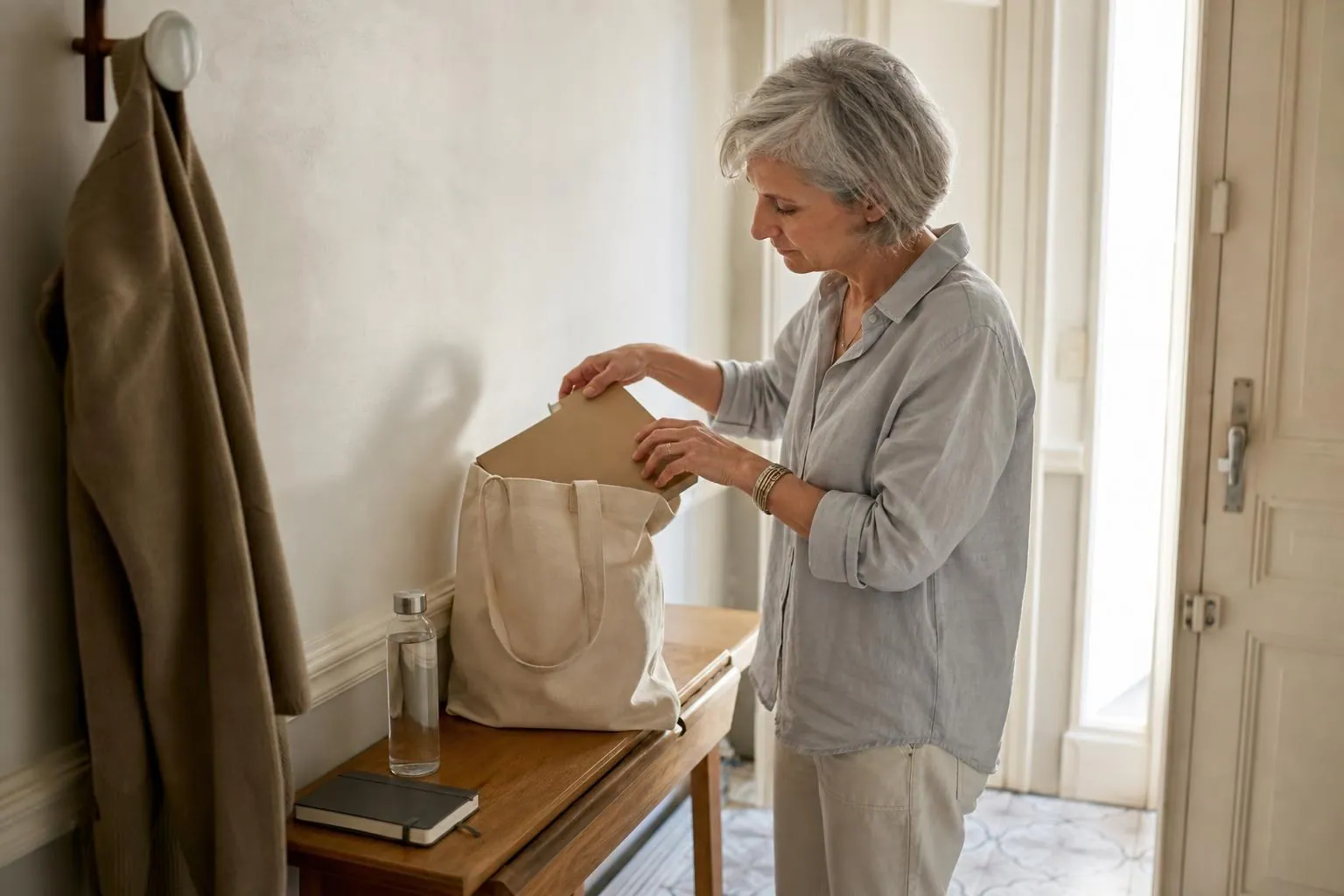 Femme d’une cinquantaine d’années préparant son sac dans une entrée claire, une pochette de documents et une bouteille d’eau posées sur la console