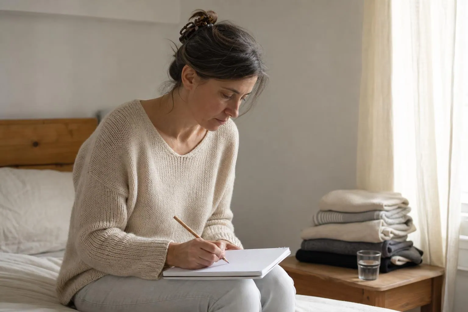 Femme d’une quarantaine d’années assise au bord de son lit dans une chambre claire, un carnet réglé posé sur les genoux et un crayon à la main