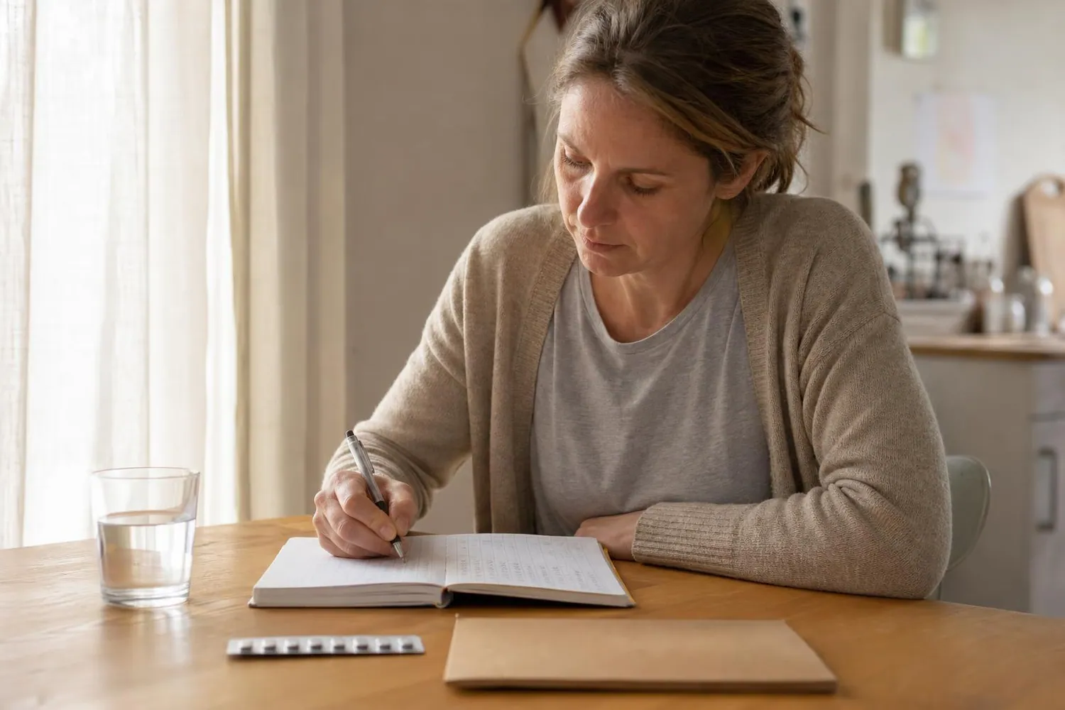 Femme d’une quarantaine d’années assise à une table claire, un carnet de cycle ouvert devant elle et un stylo à la main, dans une cuisine française lumineuse en fin d’après midi